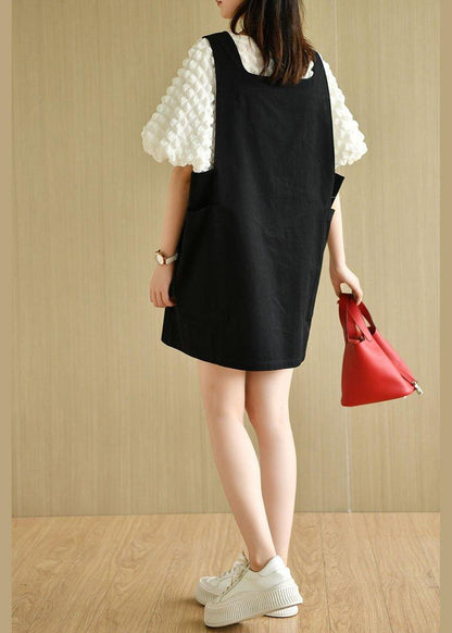 Modern Black Square Collar Pockets Summer Cotton Dresses Sleeveless - SooLinen