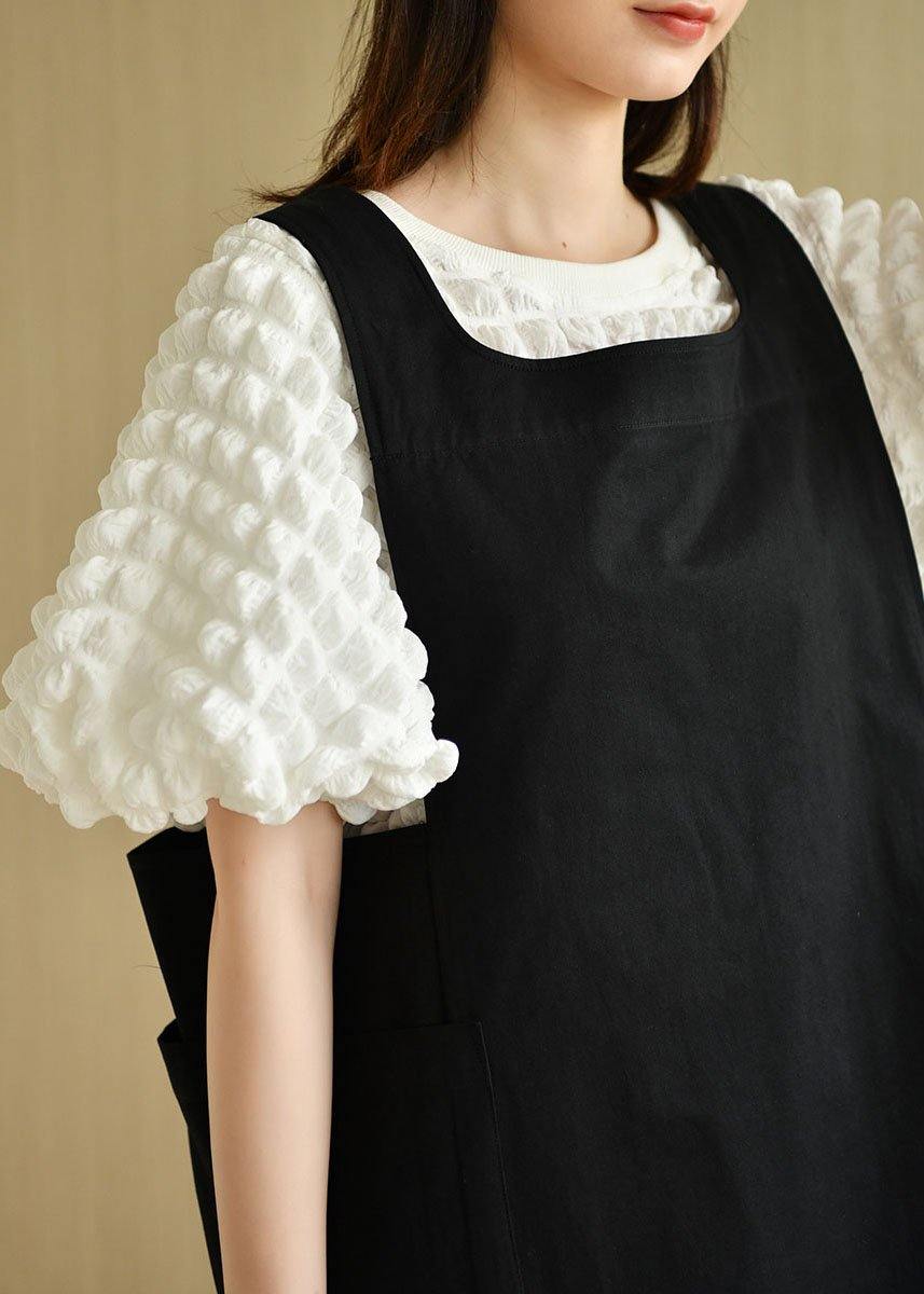 Modern Black Square Collar Pockets Summer Cotton Dresses Sleeveless - SooLinen