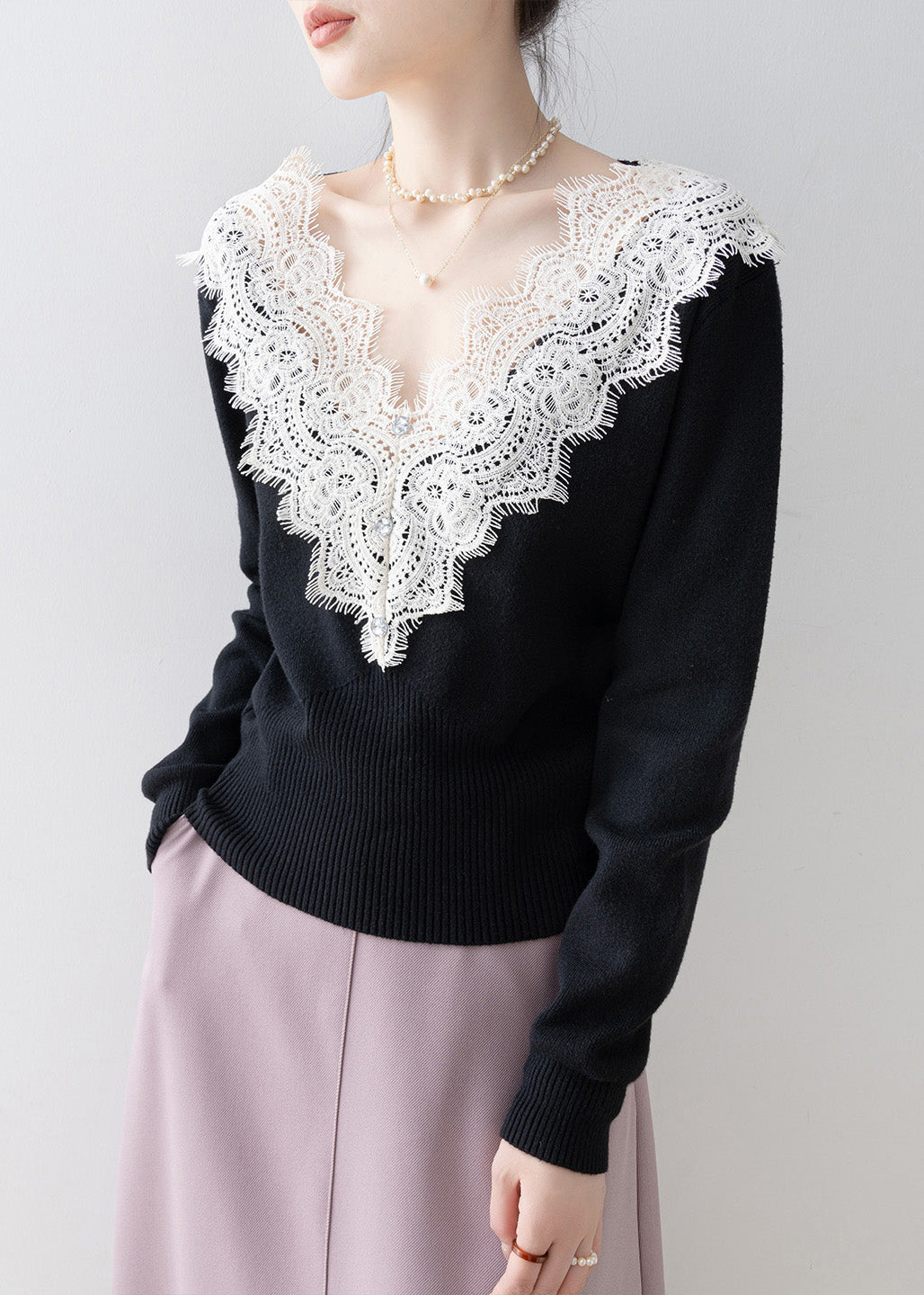 Modern Black V Neck Lace Patchwork Knit Sweaters Spring