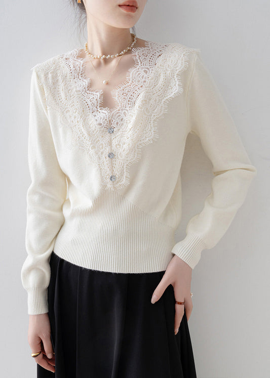 Modern Black V Neck Lace Patchwork Knit Sweaters Spring