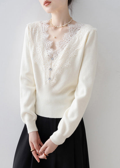 Modern Black V Neck Lace Patchwork Knit Sweaters Spring