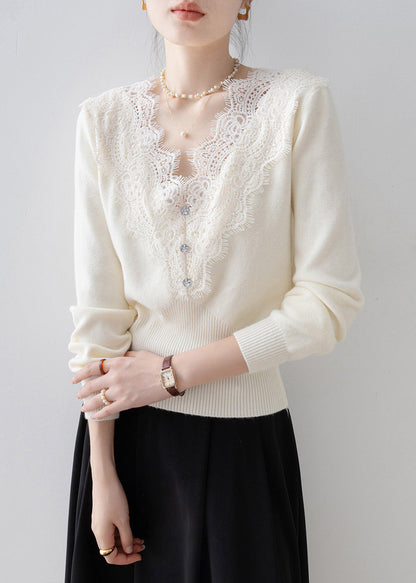 Modern Black V Neck Lace Patchwork Knit Sweaters Spring