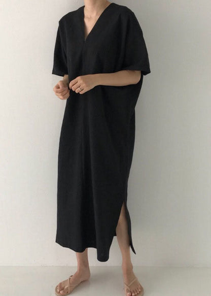 Modern Black V Neck Linen Maxi Dress Short Sleeve