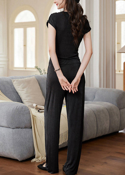 Modern Black V Neck Nail Bead Cotton Two Pieces Set Summer