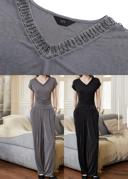 Modern Black V Neck Nail Bead Cotton Two Pieces Set Summer