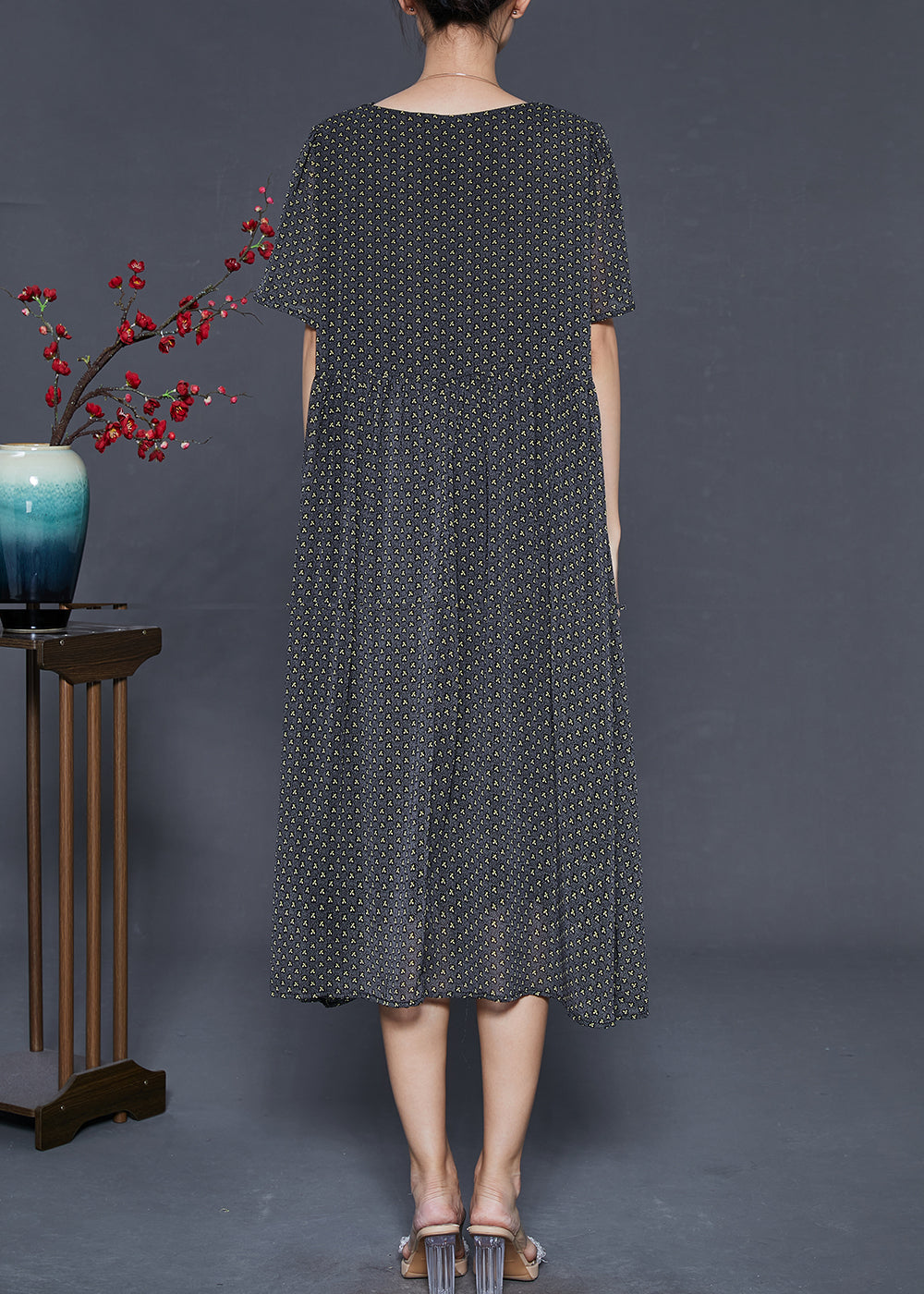 Modern Black V Neck Print Chiffon Dresses Summer