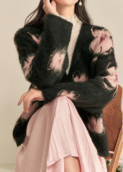 Modern Black V Neck Print Cotton Knit Cardigan Spring