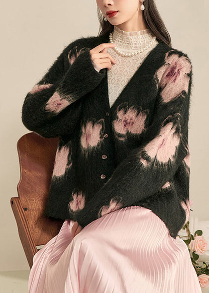Modern Black V Neck Print Cotton Knit Cardigan Spring