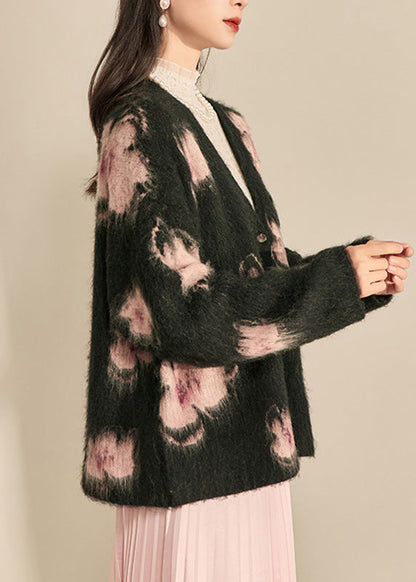 Modern Black V Neck Print Cotton Knit Cardigan Spring