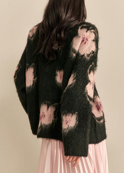 Modern Black V Neck Print Cotton Knit Cardigan Spring