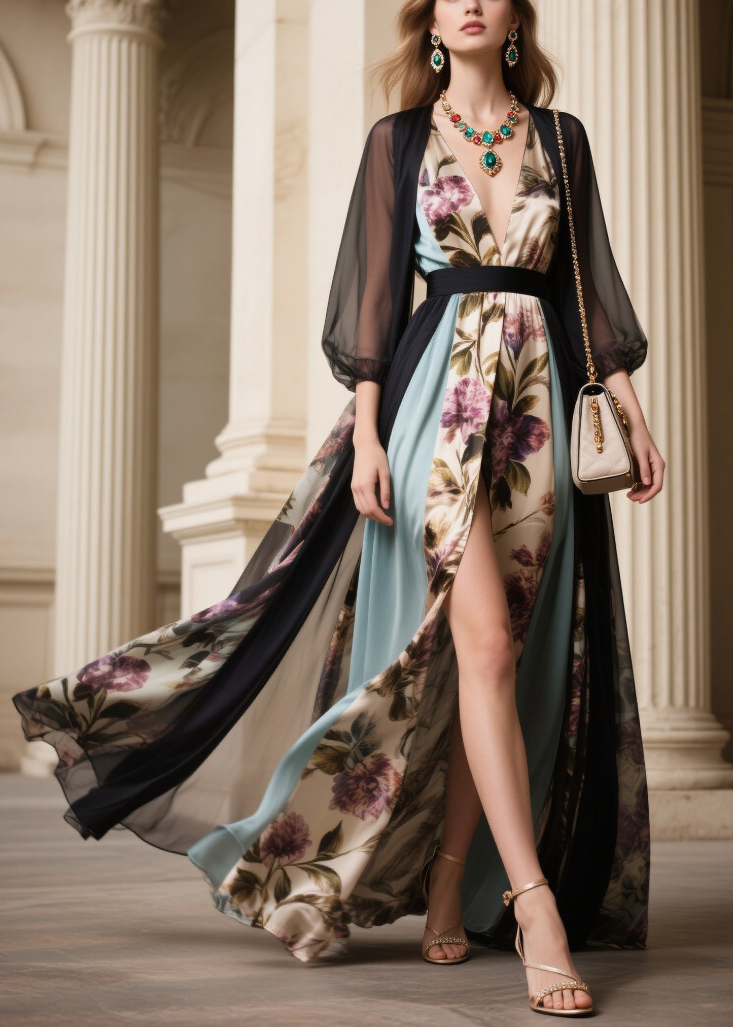 Modern Black V Neck Side Open Tulle Holiday Maxi Dress Fall