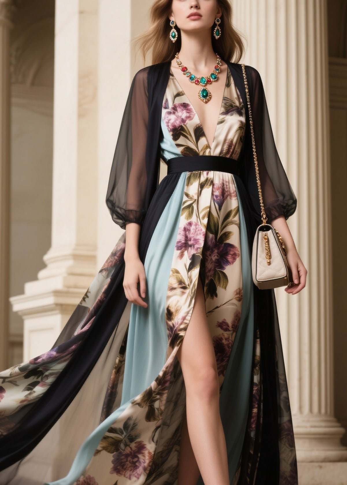 Modern Black V Neck Side Open Tulle Holiday Maxi Dress Fall