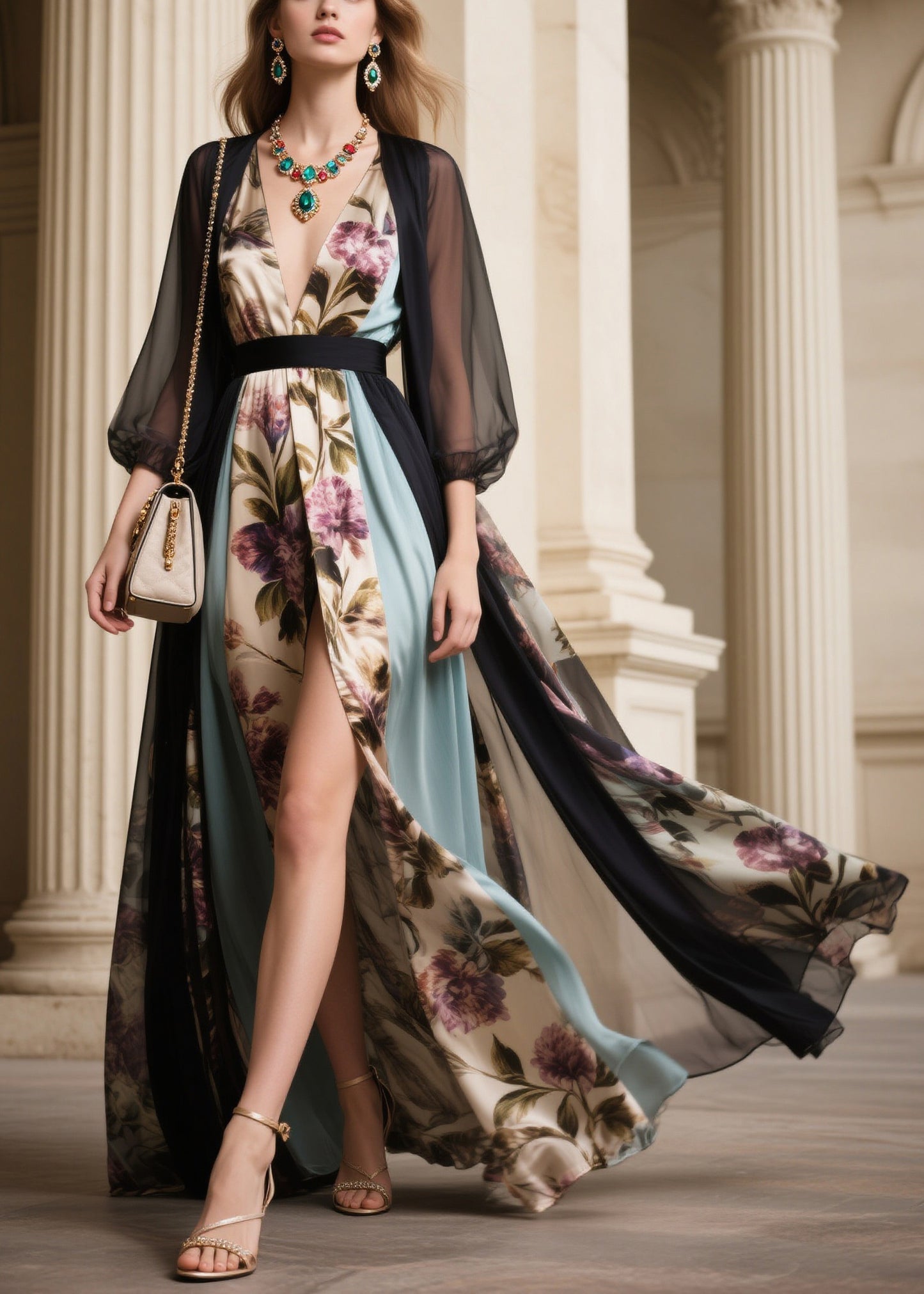Modern Black V Neck Side Open Tulle Holiday Maxi Dress Fall
