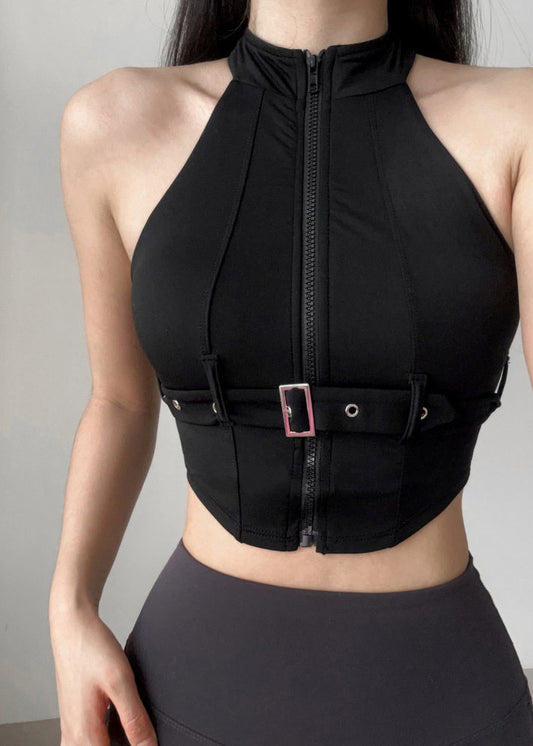 Modern Black Zip Up Sports Bra Tank Top
