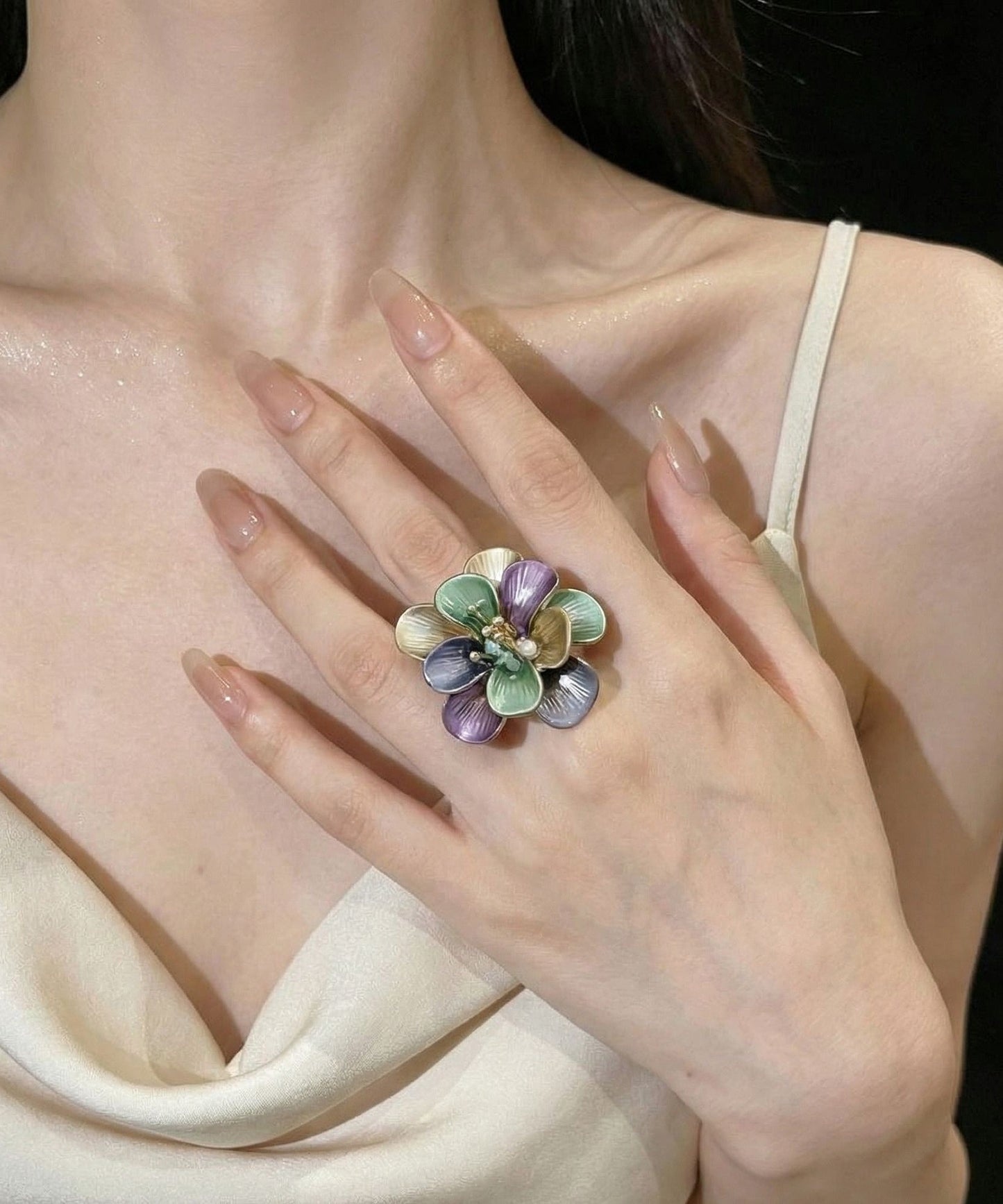 Modern Blue Alloy Floral Enamel Rings