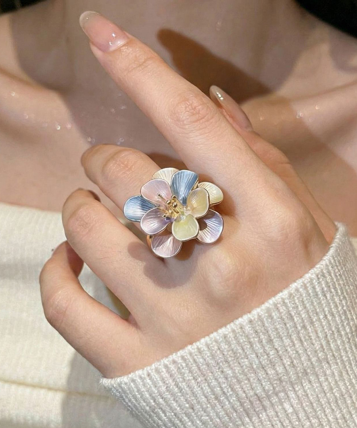 Modern Blue Alloy Floral Enamel Rings