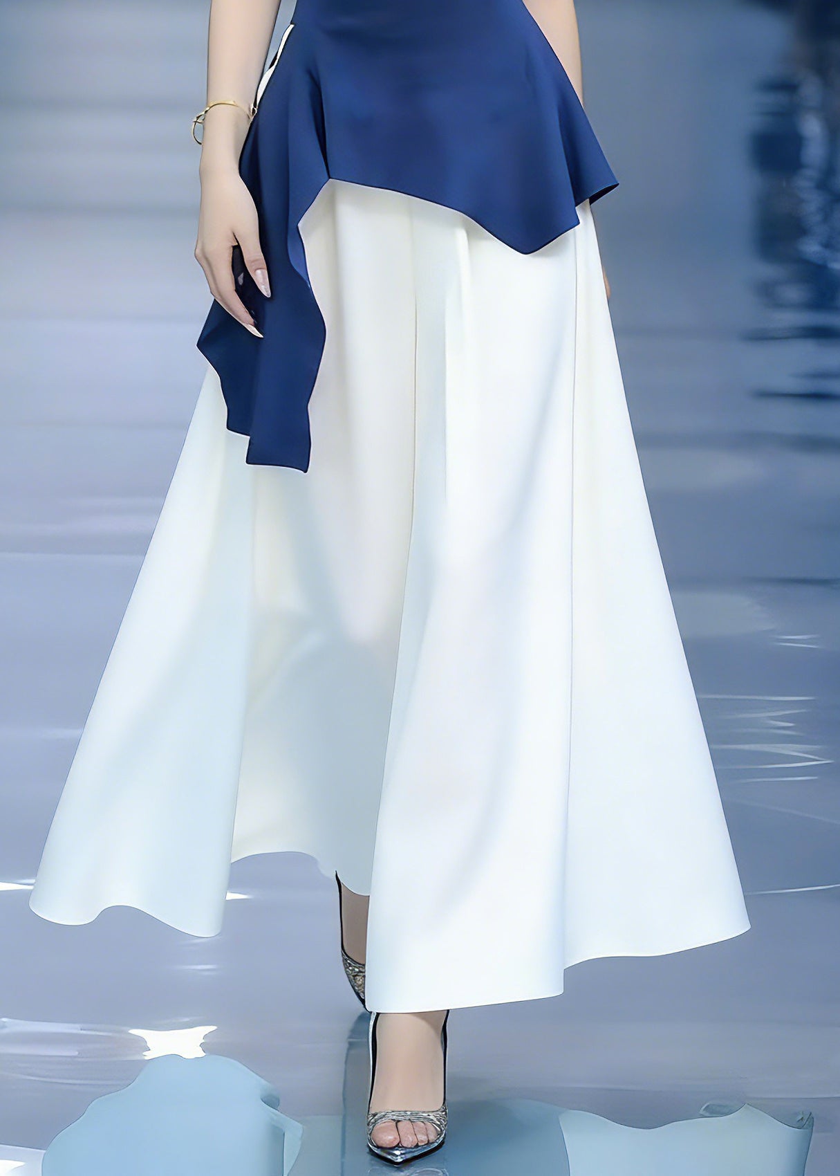 Modern Blue Asymmetrical Patchwork Top And Maxi Skirts Two Pieces Set Short Sleeve