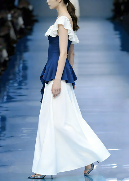 Modern Blue Asymmetrical Patchwork Top And Maxi Skirts Two Pieces Set Short Sleeve