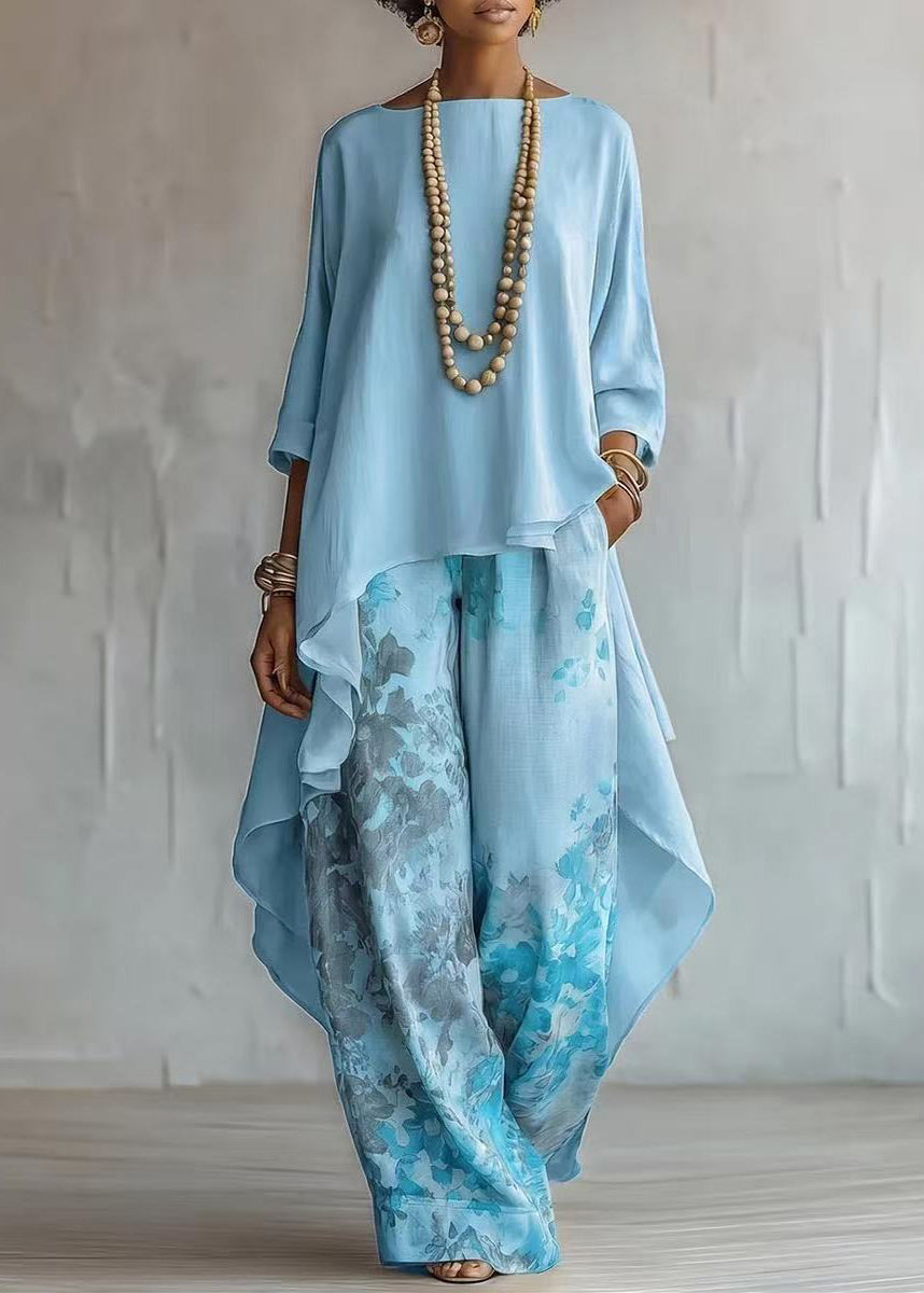 Modern Blue Asymmetrical Print Cotton Two Pieces Set Fall