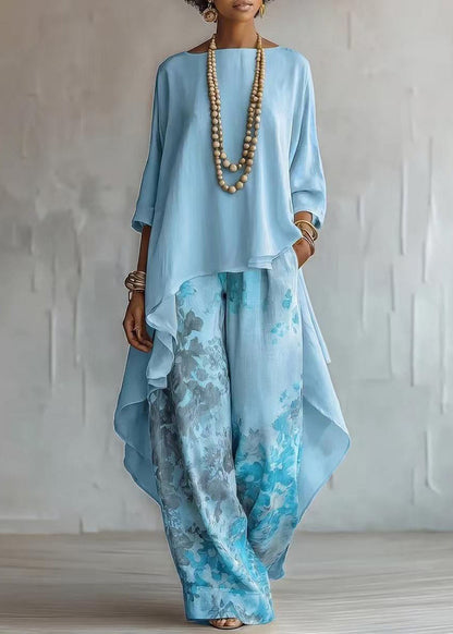 Modern Blue Asymmetrical Print Cotton Two Pieces Set Fall