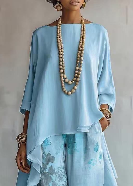 Modern Blue Asymmetrical Print Cotton Two Pieces Set Fall