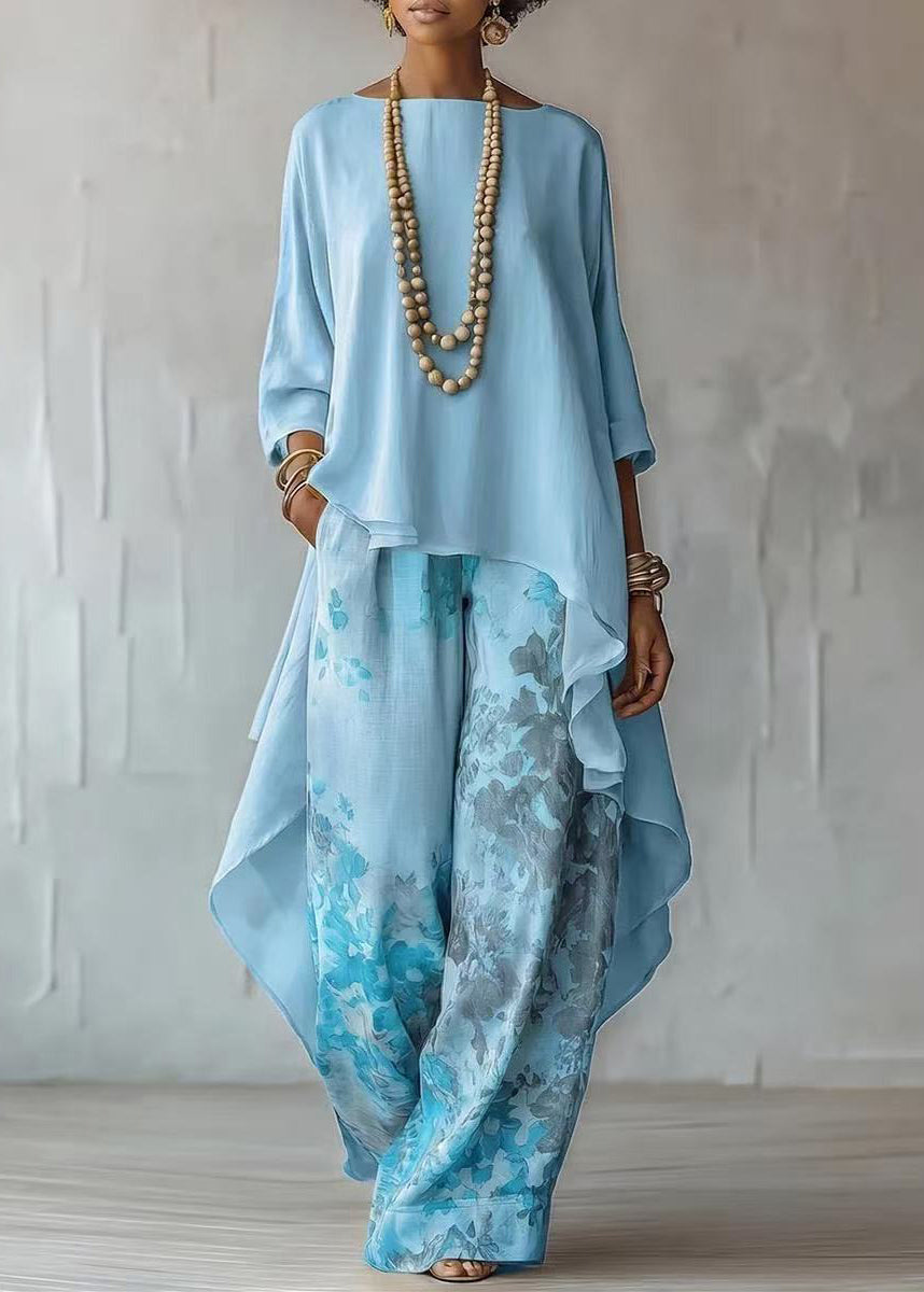 Modern Blue Asymmetrical Print Cotton Two Pieces Set Fall
