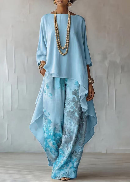Modern Blue Asymmetrical Print Cotton Two Pieces Set Fall
