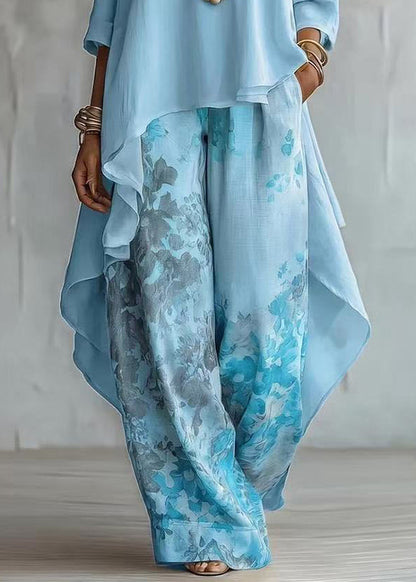 Modern Blue Asymmetrical Print Cotton Two Pieces Set Fall