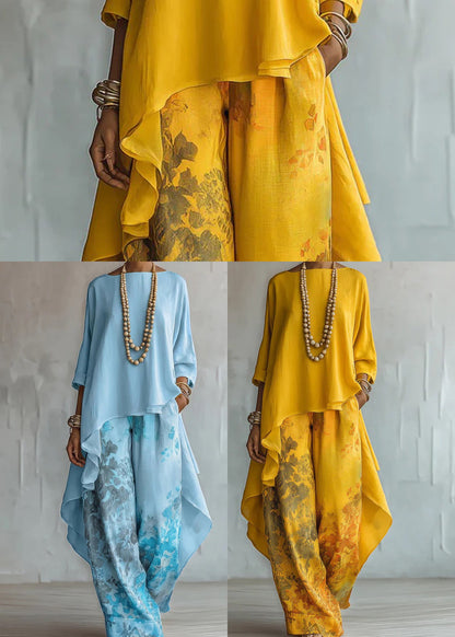 Modern Blue Asymmetrical Print Cotton Two Pieces Set Fall