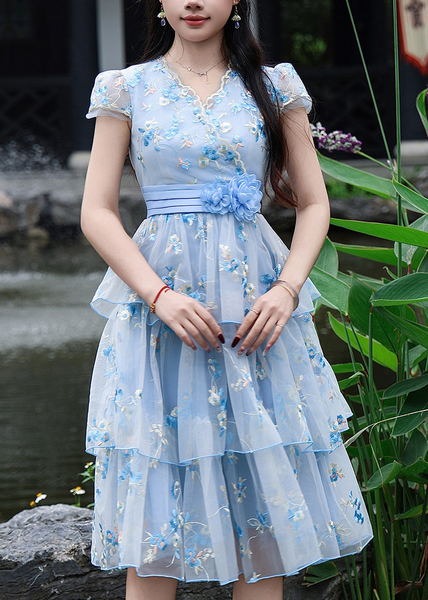 Modern Blue Embroidered Floral Tulle Dress Summer