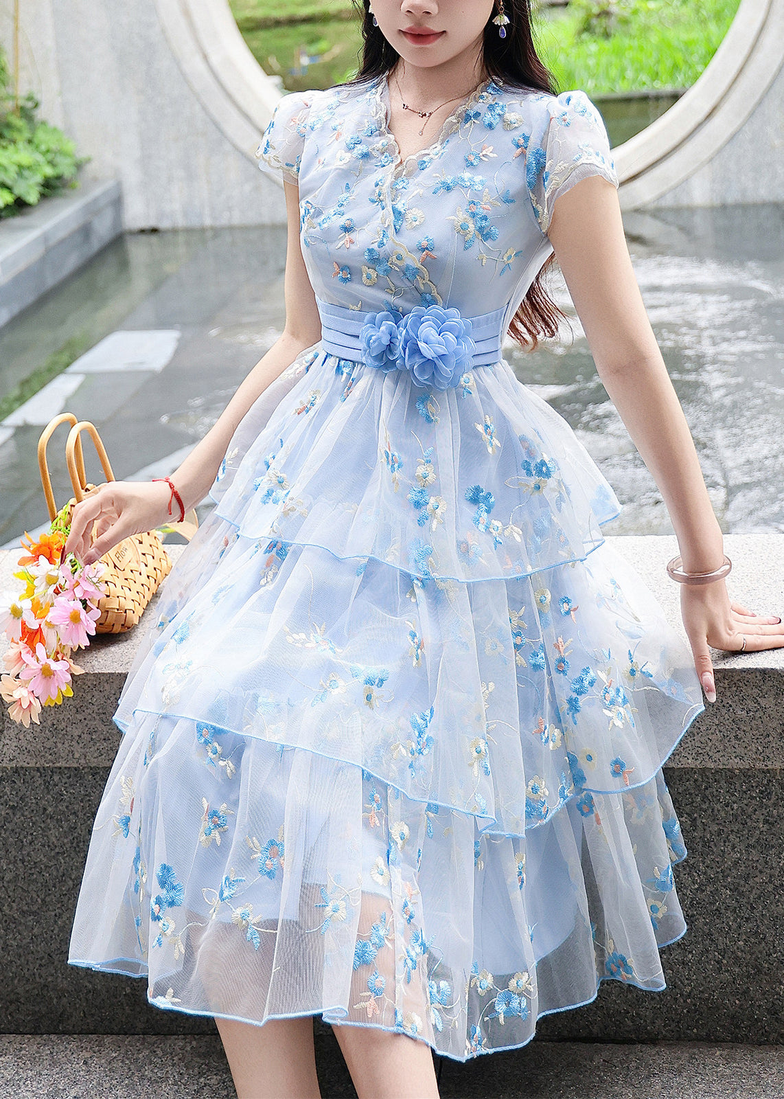 Modern Blue Embroidered Floral Tulle Dress Summer