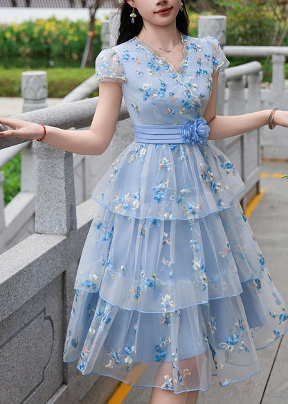 Modern Blue Embroidered Floral Tulle Dress Summer
