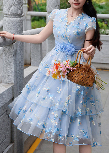 Modern Blue Embroidered Floral Tulle Dress Summer