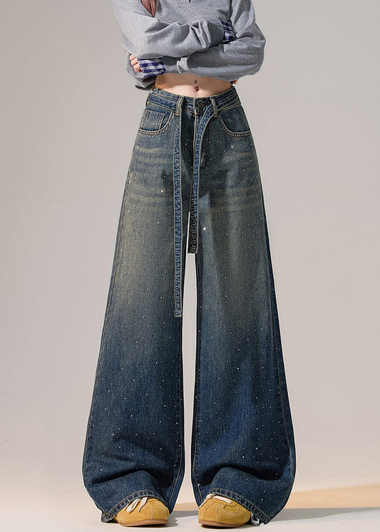 Modern Blue Gradient Color Zircon Lace Up Denim Wide Leg Pants Spring