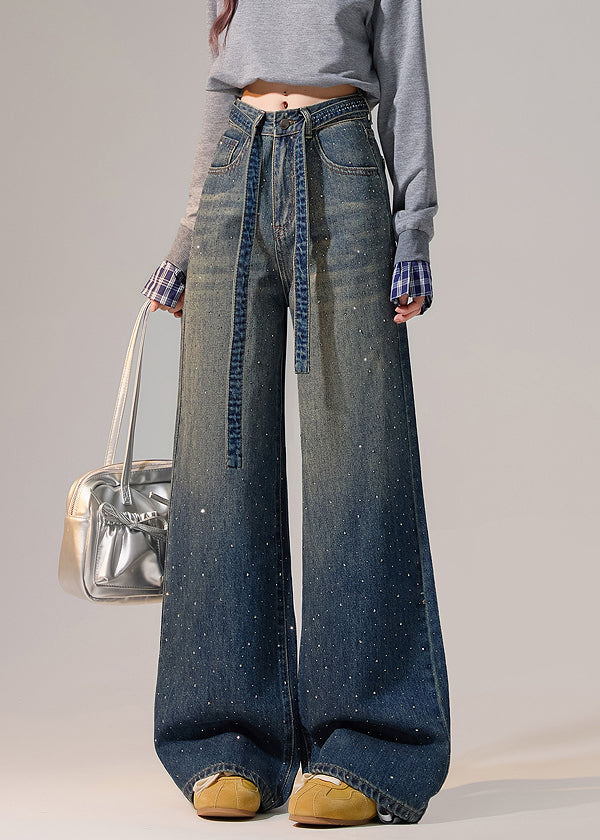 Modern Blue Gradient Color Zircon Lace Up Denim Wide Leg Pants Spring