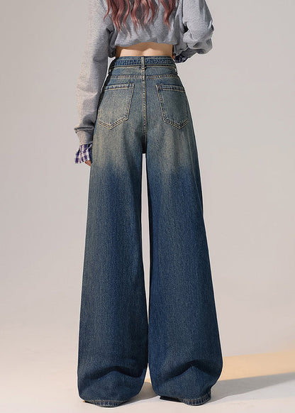 Modern Blue Gradient Color Zircon Lace Up Denim Wide Leg Pants Spring