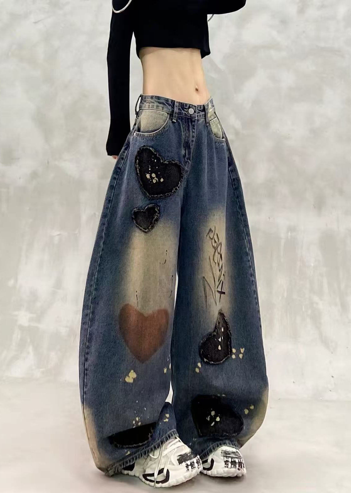 Modern Blue High Waist Print Heart Patch Denim Curved Blade Pants Fall