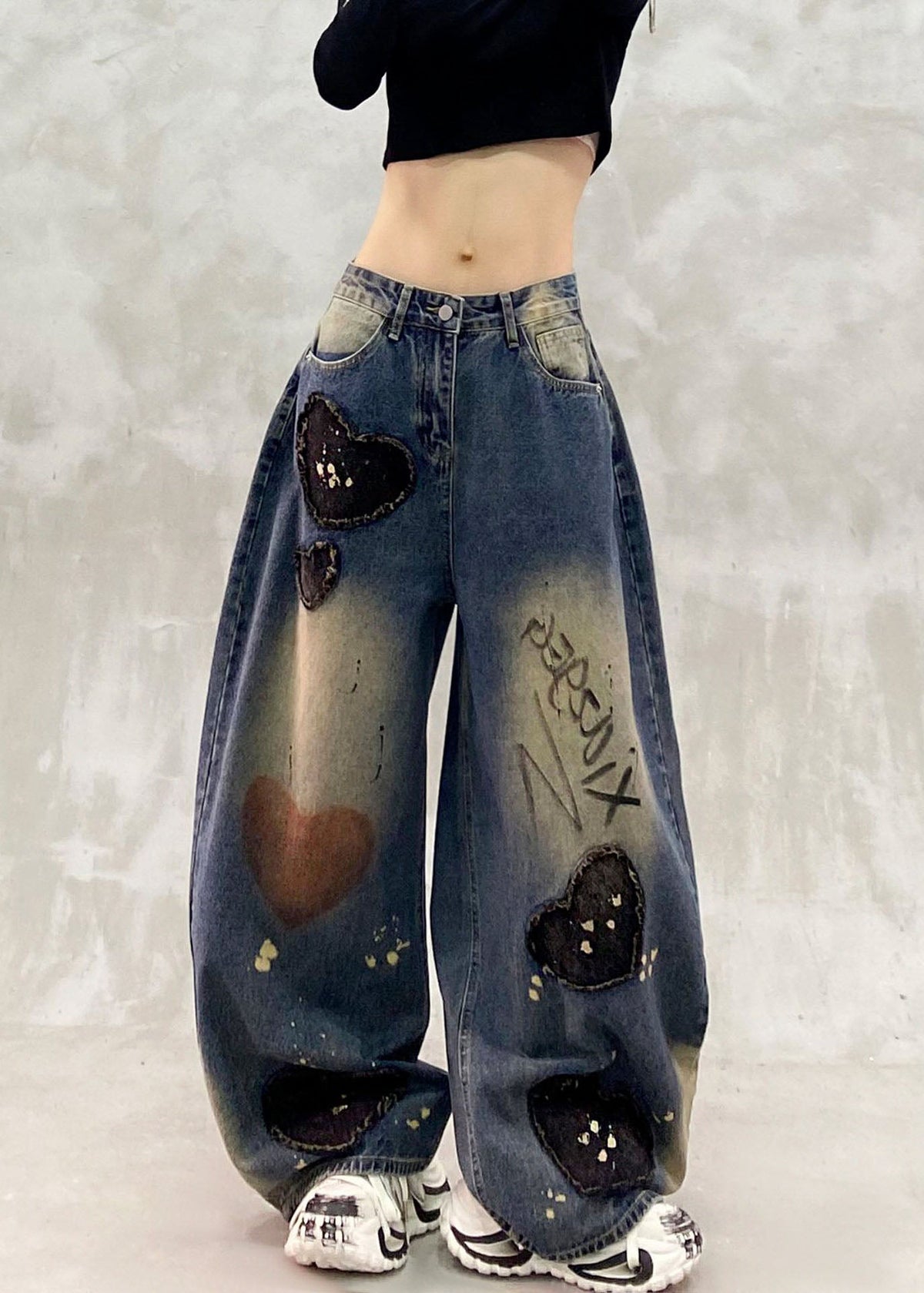 Modern Blue High Waist Print Heart Patch Denim Curved Blade Pants Fall