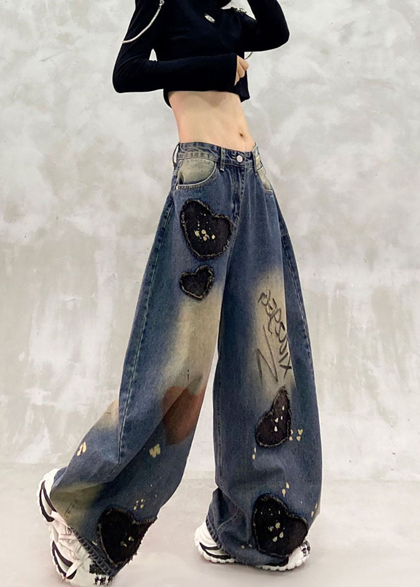 Modern Blue High Waist Print Heart Patch Denim Curved Blade Pants Fall