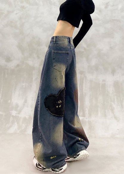 Modern Blue High Waist Print Heart Patch Denim Curved Blade Pants Fall