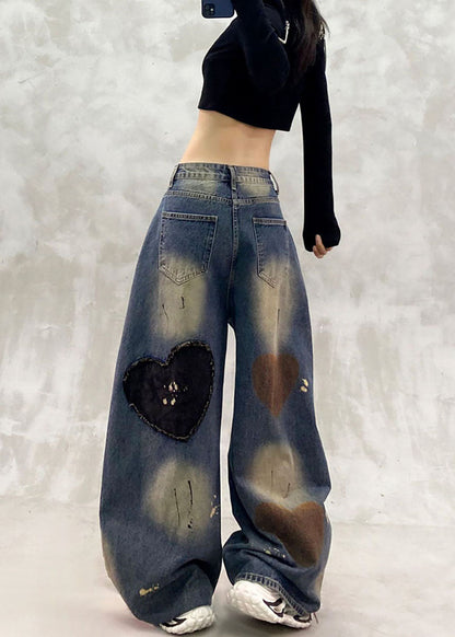 Modern Blue High Waist Print Heart Patch Denim Curved Blade Pants Fall