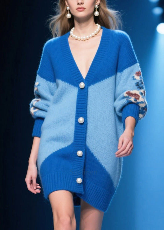 Modern Blue Jacquard Handmade Pearl Knit Cardigan Winter