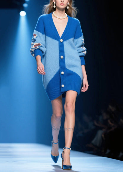 Modern Blue Jacquard Handmade Pearl Knit Cardigan Winter