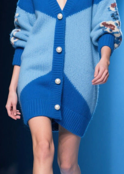 Modern Blue Jacquard Handmade Pearl Knit Cardigan Winter