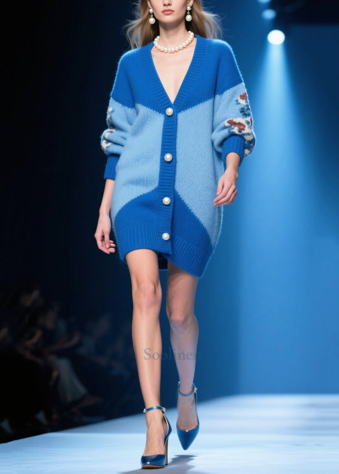 Modern Blue Jacquard Handmade Pearl Knit Cardigan Winter