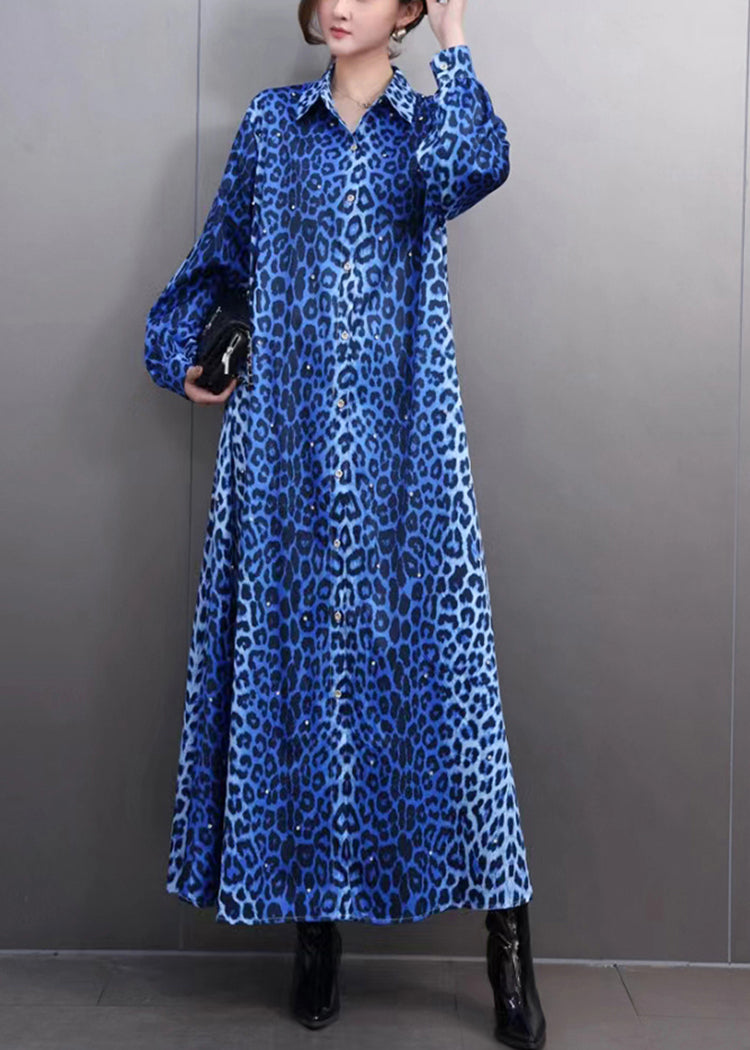 Modern Blue Leopard Print Button Maxi Shirts Dress Lantern Sleeve