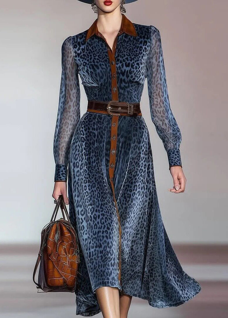 Modern Blue Leopard Print Turn-Down Collar Patchwork Chiffon Belted Dresses Fall