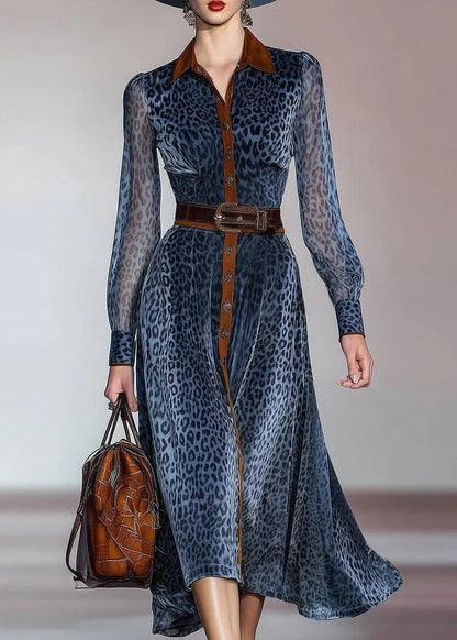 Modern Blue Leopard Print Turn-Down Collar Patchwork Chiffon Belted Dresses Fall