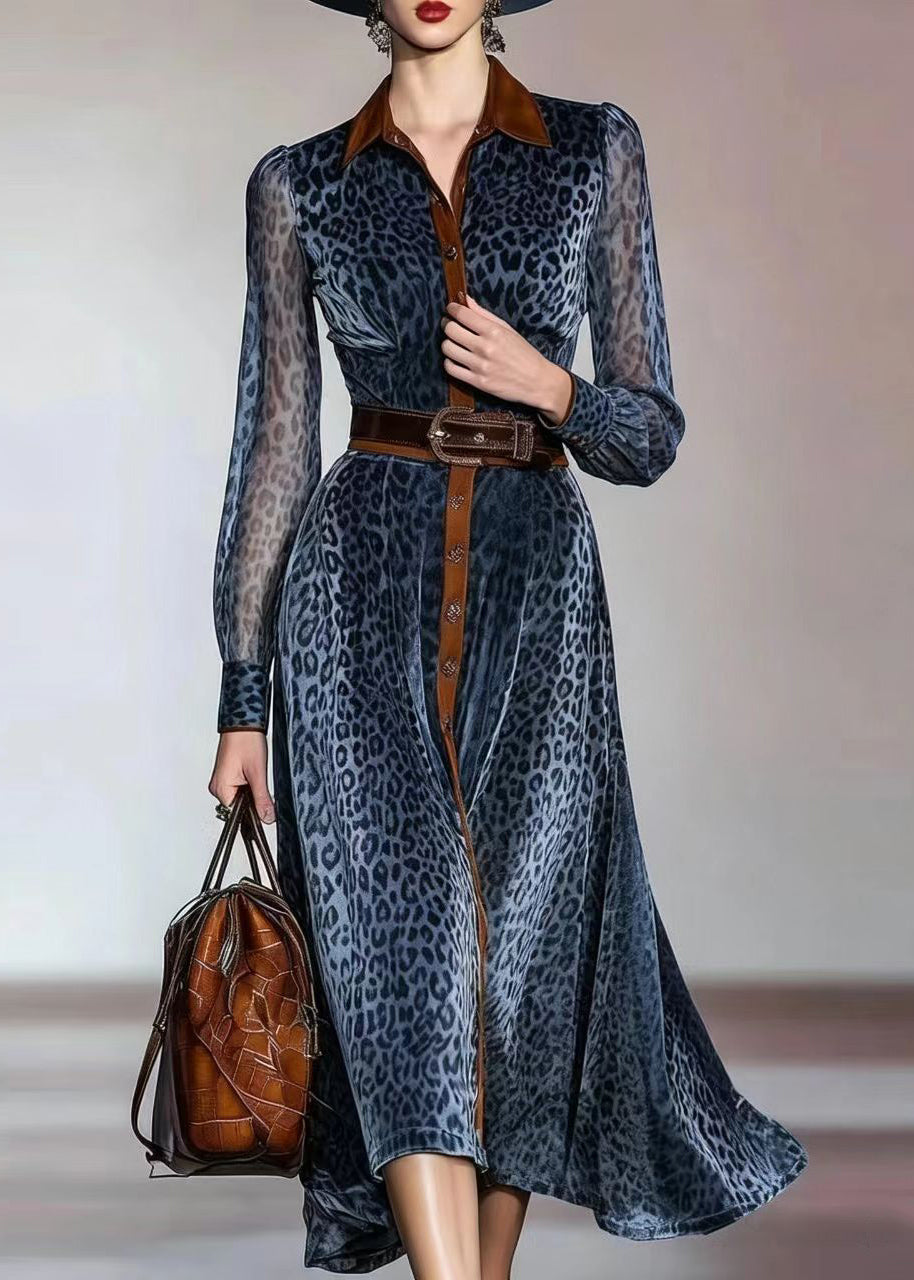 Modern Blue Leopard Print Turn-Down Collar Patchwork Chiffon Belted Dresses Fall