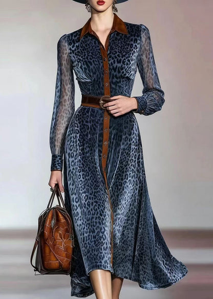 Modern Blue Leopard Print Turn-Down Collar Patchwork Chiffon Belted Dresses Fall